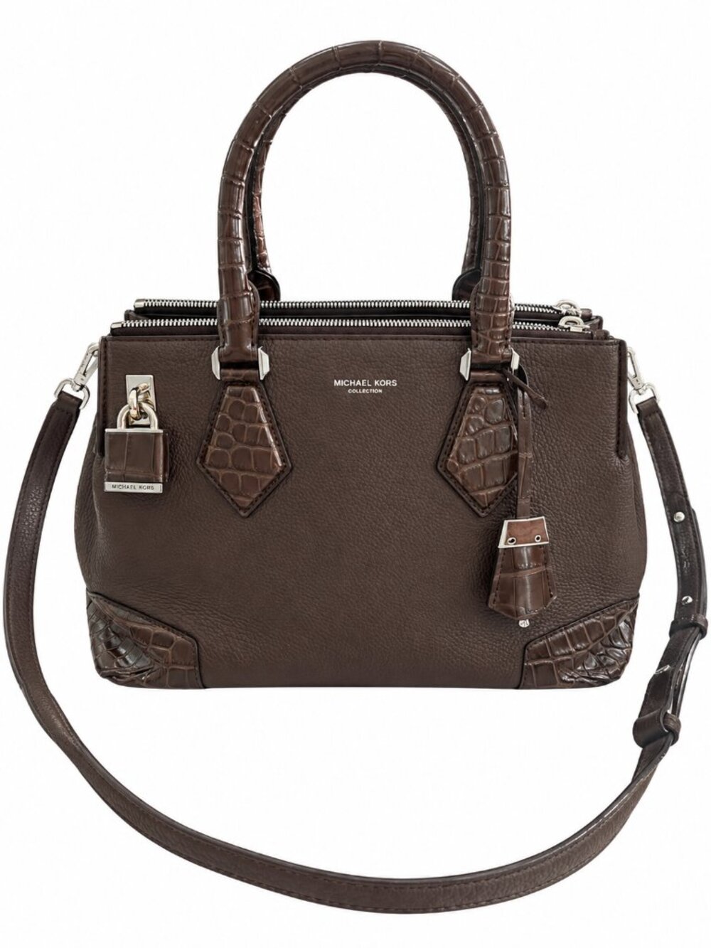 Michael Kors Gia Brown Crocodile Embossed Leather Satchel Shoulder Bag